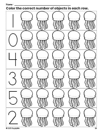 Free printable jellyfish count and color worksheet for preschoolers, jellyfish coloring page and counting worksheet numbers 0-5, PDF