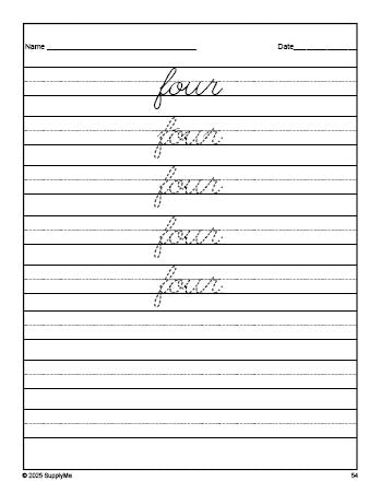 Free kindergarten sight word cursive tracing worksheet, high frequency word 'four', third 100 fry sight words, Dolch primer, PDF