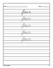 Free kindergarten sight word cursive tracing worksheet, high frequency word 'four', third 100 fry sight words, Dolch primer, PDF