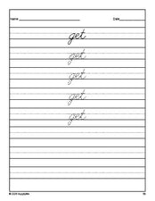 Free kindergarten sight word cursive tracing worksheet, high frequency word 'get', first 100 fry sight words, Dolch primer, PDF