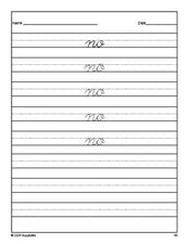 Free kindergarten sight word cursive tracing worksheet, high frequency word 'no', first 100 fry sight words, Dolch primer, PDF