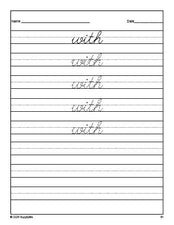 Free kindergarten sight word cursive tracing worksheet, high frequency word 'with', first 100 fry sight words, Dolch primer, PDF