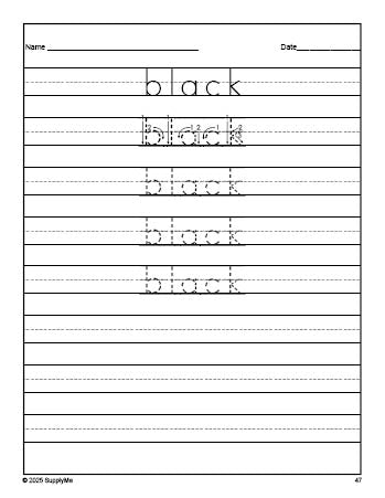 Free kindergarten sight word tracing worksheet, high frequency word 'black', fourth 100 fry sight words, Dolch primer, PDF