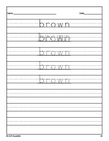 Free kindergarten sight word tracing worksheet, high frequency word 'brown', eighth 100 fry sight words, Dolch primer, PDF