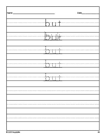 Free kindergarten sight word tracing worksheet, high frequency word 'but', first 100 fry sight words, Dolch primer, PDF