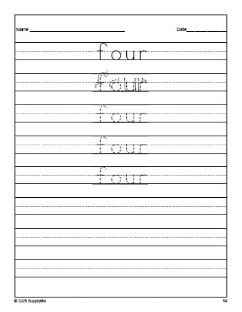 Free kindergarten sight word tracing worksheet, high frequency word 'four', third 100 fry sight words, Dolch primer, PDF