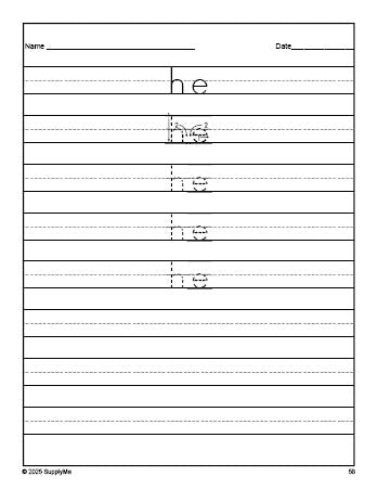 Free kindergarten sight word tracing worksheet, high frequency word 'he', first 100 fry sight words, Dolch primer, PDF