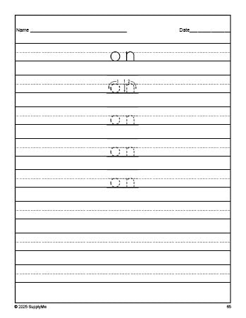 Free kindergarten sight word tracing worksheet, high frequency word 'on', first 100 fry sight words, Dolch primer, PDF