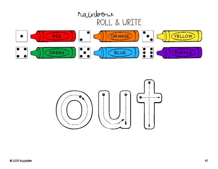 Free kindergarten worksheet, rainbow roll and write sight word tracing worksheet, beginner sight word for kindergarteners and high frequency word 'out', first 100 fry sight words, Dolch primer, PDF