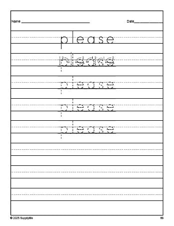 Free kindergarten sight word tracing worksheet, high frequency word 'please', eighth 100 fry sight words, Dolch primer, PDF