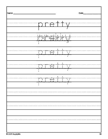 Free kindergarten sight word tracing worksheet, high frequency word 'pretty', tenth 100 fry sight words, Dolch primer, PDF