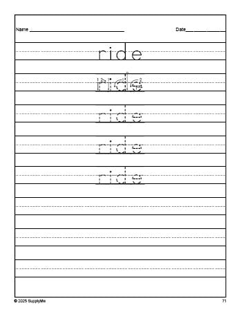 Free kindergarten sight word tracing worksheet, high frequency word 'ride', seventh 100 fry sight words, Dolch primer, PDF