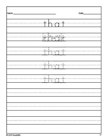 Free kindergarten sight word tracing worksheet, high frequency word 'that', first 100 fry sight words, Dolch primer, PDF