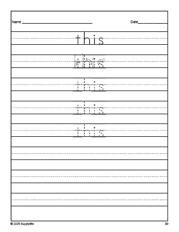 Free kindergarten sight word tracing worksheet, high frequency word 'this', first 100 fry sight words, Dolch primer, PDF