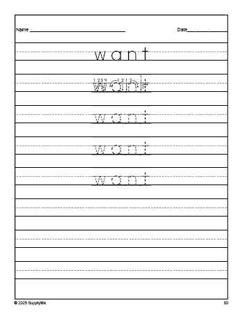 Free kindergarten sight word tracing worksheet, high frequency word 'want', second 100 fry sight words, Dolch primer, PDF