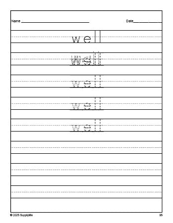 Free kindergarten sight word tracing worksheet, high frequency word 'well', second 100 fry sight words, Dolch primer, PDF