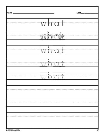 Free kindergarten sight word tracing worksheet, high frequency word 'what', first 100 fry sight words, Dolch primer, PDF