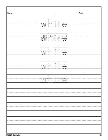 Free kindergarten sight word tracing worksheet, high frequency word 'white', third 100 fry sight words, Dolch primer, PDF