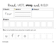 Free kindergarten worksheet, read, write, stamp, and build the beginner sight word for kindergarteners and high frequency word 'four', third 100 fry sight words, Dolch primer, PDF