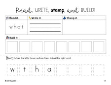 Free kindergarten worksheet, read, write, stamp, and build the beginner sight word for kindergarteners and high frequency word 'what', first 100 fry sight words, Dolch primer, PDF