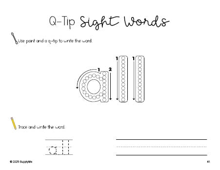 Free kindergarten worksheet, beginner sight word for kindergarteners and high frequency word 'all', sight word worksheet includes q-tip painting, sight word tracing and handwriting, first 100 fry sight words, Dolch primer, PDF