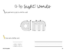 Free kindergarten worksheet, beginner sight word for kindergarteners and high frequency word 'am', sight word worksheet includes q-tip painting, sight word tracing and handwriting, first 100 fry sight words, Dolch primer, PDF