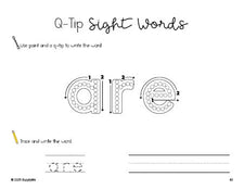 Free kindergarten worksheet, beginner sight word for kindergarteners and high frequency word 'are', sight word worksheet includes q-tip painting, sight word tracing and handwriting, first 100 fry sight words, Dolch primer, PDF