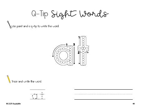 Free kindergarten worksheet, beginner sight word for kindergarteners and high frequency word 'at', sight word worksheet includes q-tip painting, sight word tracing and handwriting, first 100 fry sight words, Dolch primer, PDF