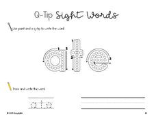Free kindergarten worksheet, beginner sight word for kindergarteners and high frequency word 'ate', sight word worksheet includes q-tip painting, sight word tracing and handwriting, Dolch primer, PDF
