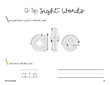 Free kindergarten worksheet, beginner sight word for kindergarteners and high frequency word 'ate', sight word worksheet includes q-tip painting, sight word tracing and handwriting, Dolch primer, PDF