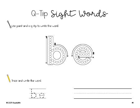 Free kindergarten worksheet, beginner sight word for kindergarteners and high frequency word 'be', sight word worksheet includes q-tip painting, sight word tracing and handwriting, first 100 fry sight words, Dolch primer, PDF