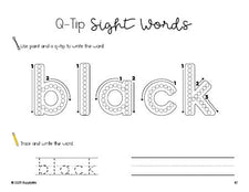 Free kindergarten worksheet, beginner sight word for kindergarteners and high frequency word 'black', sight word worksheet includes q-tip painting, sight word tracing and handwriting, fourth 100 fry sight words, Dolch primer, PDF