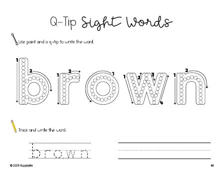 Free kindergarten worksheet, beginner sight word for kindergarteners and high frequency word 'brown', sight word worksheet includes q-tip painting, sight word tracing and handwriting, eighth 100 fry sight words, Dolch primer, PDF