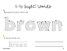 Free kindergarten worksheet, beginner sight word for kindergarteners and high frequency word 'brown', sight word worksheet includes q-tip painting, sight word tracing and handwriting, eighth 100 fry sight words, Dolch primer, PDF