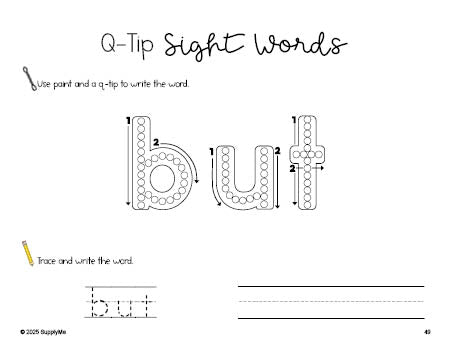 Free kindergarten worksheet, beginner sight word for kindergarteners and high frequency word 'but', sight word worksheet includes q-tip painting, sight word tracing and handwriting, first 100 fry sight words, Dolch primer, PDF