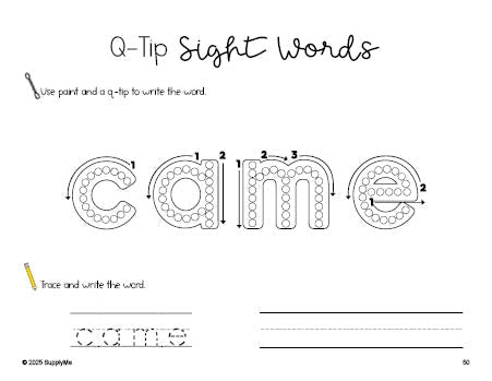 Free kindergarten worksheet, beginner sight word for kindergarteners and high frequency word 'came', sight word worksheet includes q-tip painting, sight word tracing and handwriting, second 100 fry sight words, Dolch primer, PDF
