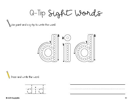 Free kindergarten worksheet, beginner sight word for kindergarteners and high frequency word 'did', sight word worksheet includes q-tip painting, sight word tracing and handwriting, first 100 fry sight words, Dolch primer, PDF