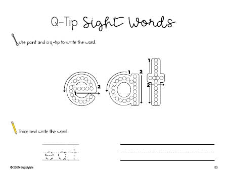 Free kindergarten worksheet, beginner sight word for kindergarteners and high frequency word 'eat', sight word worksheet includes q-tip painting, sight word tracing and handwriting, third 100 fry sight words, Dolch primer, PDF