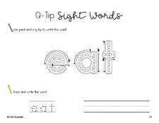 Free kindergarten worksheet, beginner sight word for kindergarteners and high frequency word 'eat', sight word worksheet includes q-tip painting, sight word tracing and handwriting, third 100 fry sight words, Dolch primer, PDF