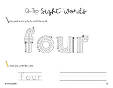 Free kindergarten worksheet, beginner sight word for kindergarteners and high frequency word 'four', sight word worksheet includes q-tip painting, sight word tracing and handwriting, third 100 fry sight words, Dolch primer, PDF