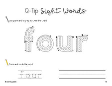 Free kindergarten worksheet, beginner sight word for kindergarteners and high frequency word 'four', sight word worksheet includes q-tip painting, sight word tracing and handwriting, third 100 fry sight words, Dolch primer, PDF