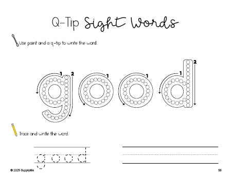 Free kindergarten worksheet, beginner sight word for kindergarteners and high frequency word 'good', sight word worksheet includes q-tip painting, sight word tracing and handwriting, second 100 fry sight words, Dolch primer, PDF