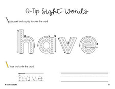 Free kindergarten worksheet, beginner sight word for kindergarteners and high frequency word 'have', sight word worksheet includes q-tip painting, sight word tracing and handwriting, first 100 fry sight words, Dolch primer, PDF