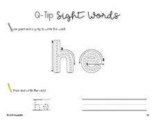 Free kindergarten worksheet, beginner sight word for kindergarteners and high frequency word 'he', sight word worksheet includes q-tip painting, sight word tracing and handwriting, first 100 fry sight words, Dolch primer, PDF
