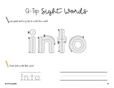 Free kindergarten worksheet, beginner sight word for kindergarteners and high frequency word 'into', sight word worksheet includes q-tip painting, sight word tracing and handwriting, first 100 fry sight words, Dolch primer, PDF