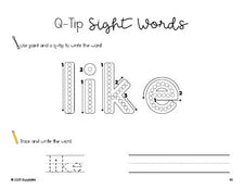 Free kindergarten worksheet, beginner sight word for kindergarteners and high frequency word 'like', sight word worksheet includes q-tip painting, sight word tracing and handwriting, first 100 fry sight words, Dolch primer, PDF