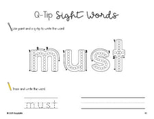 Free kindergarten worksheet, beginner sight word for kindergarteners and high frequency word 'must', sight word worksheet includes q-tip painting, sight word tracing and handwriting, second 100 fry sight words, Dolch primer, PDF