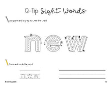 Free kindergarten worksheet, beginner sight word for kindergarteners and high frequency word 'new', sight word worksheet includes q-tip painting, sight word tracing and handwriting, second 100 fry sight words, Dolch primer, PDF