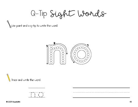 Free kindergarten worksheet, beginner sight word for kindergarteners and high frequency word 'no', sight word worksheet includes q-tip painting, sight word tracing and handwriting, first 100 fry sight words, Dolch primer, PDF