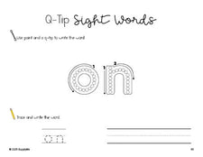 Free kindergarten worksheet, beginner sight word for kindergarteners and high frequency word 'on', sight word worksheet includes q-tip painting, sight word tracing and handwriting, first 100 fry sight words, Dolch primer, PDF
